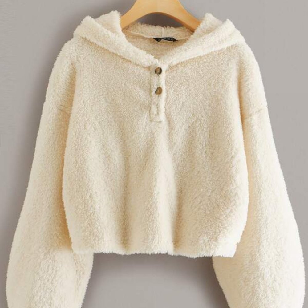 Half Button Fuzzy Teddy Hoodie